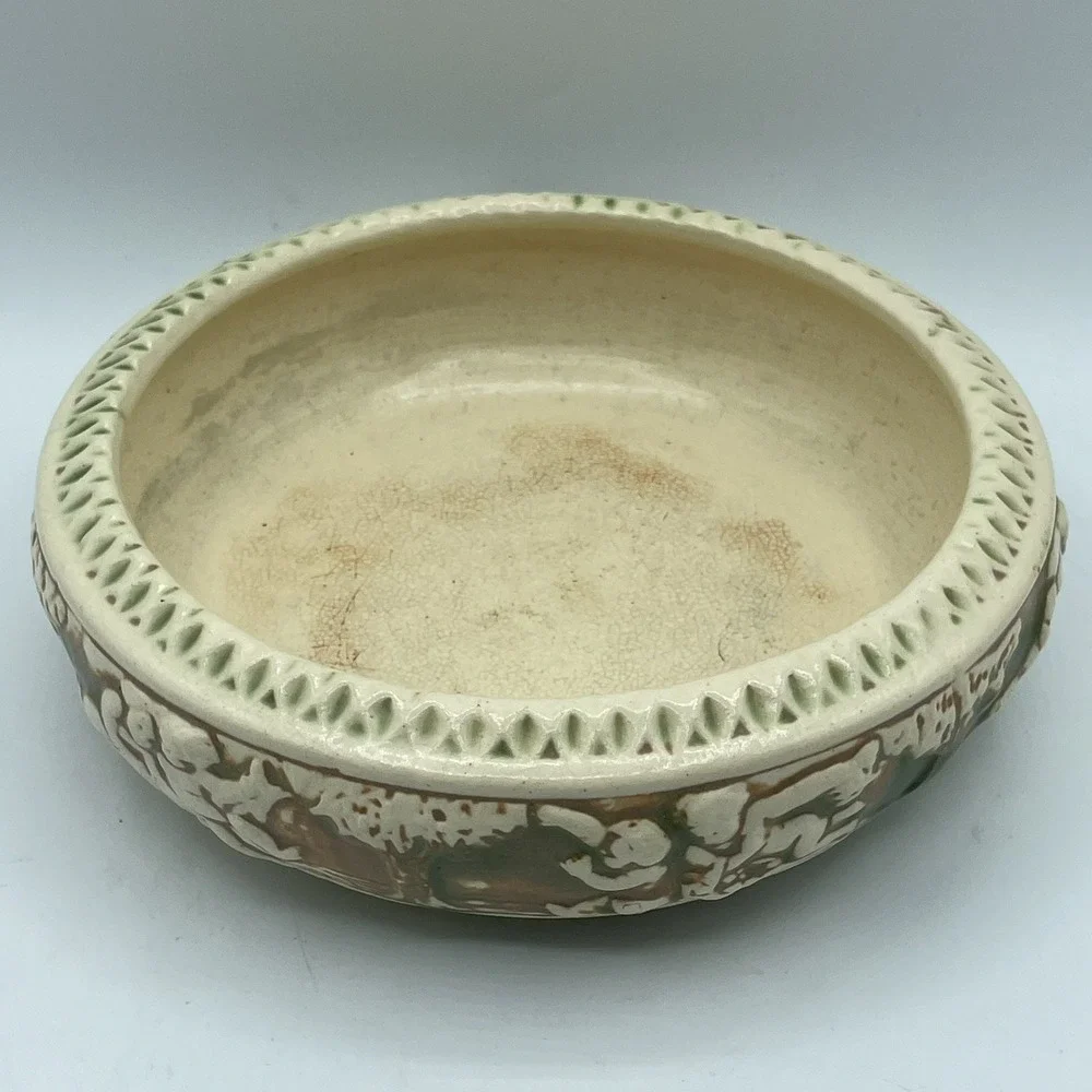 Vintage Roseville Pottery Donatello Planter,  Bowl, 1916‎ ,Cream/Green/Tan 7